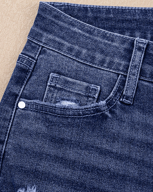 Real Teal Folded Cuffs Distressed Straight High Waist Jeans