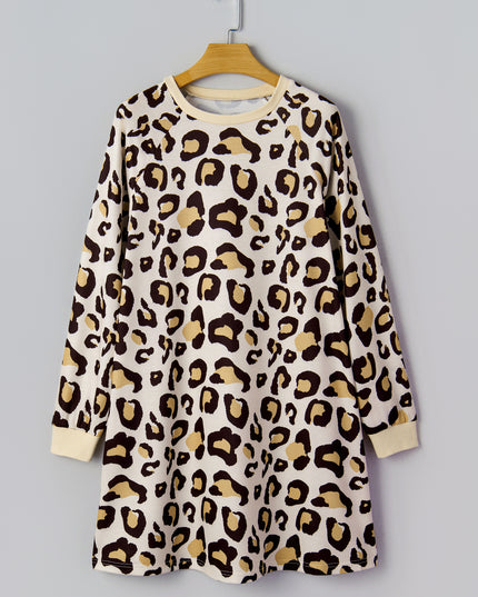 Khaki Leopard Long Sleeve Shift T Shirt Dress with Pockets