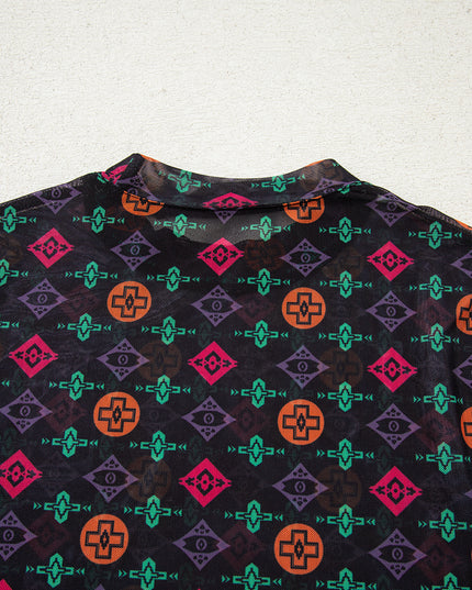 Black Western Aztec Printed Long Sleeve Mesh Top
