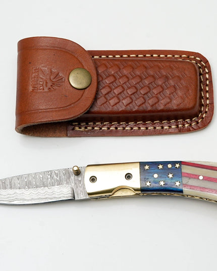 Patriotic American Flag Folding Knife | Hand-Forged Damascus Steel | Custom Blue Pocket Clip Edition TK-475