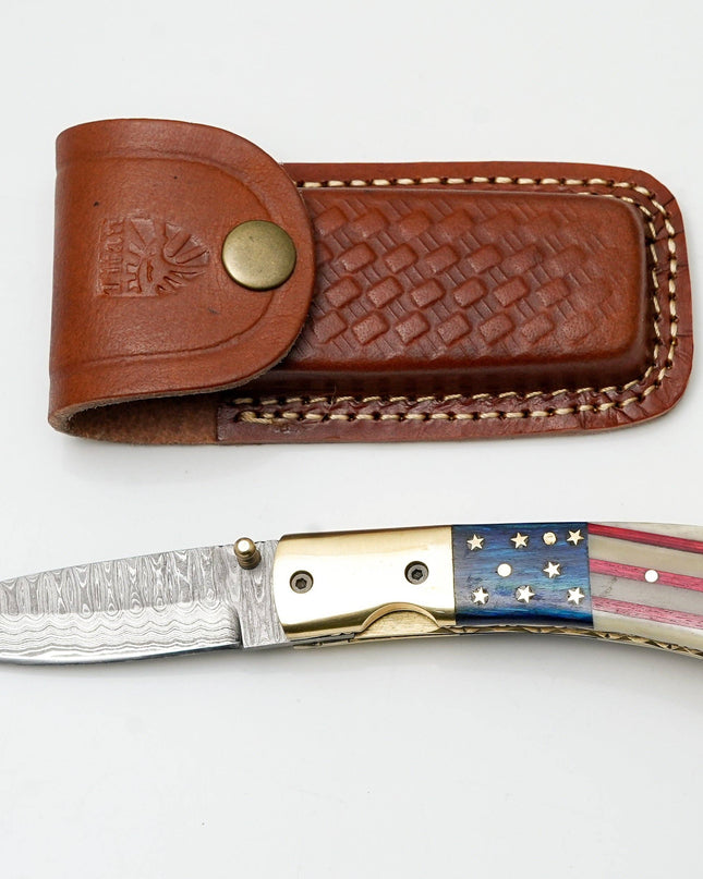 Patriotic American Flag Folding Knife | Hand-Forged Damascus Steel | Custom Blue Pocket Clip Edition TK-475