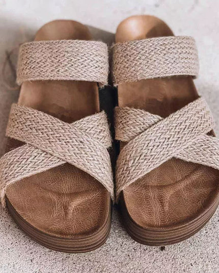 Beige Woven Cross Criss Hollowed Slip-On Slippers