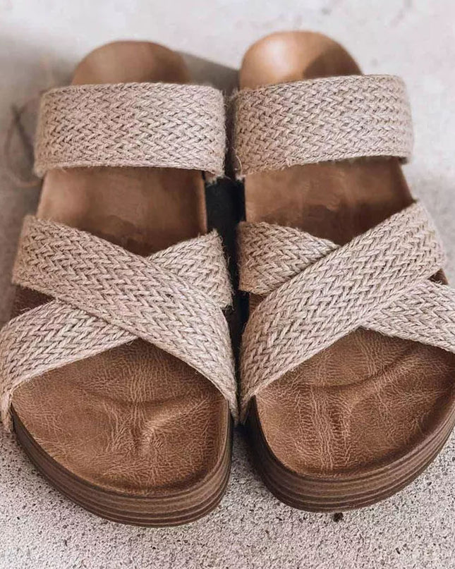 Beige Woven Cross Criss Hollowed Slip-On Slippers