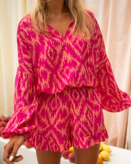 Rose Western Aztec Geometric Print Top and Ruffled Shorts Set