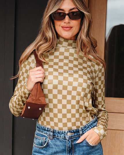 Khaki Check Pattern Turtleneck Ribbed Slim Long Sleeve Tee