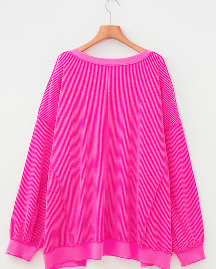 Rose Red Drop Shoulder Uneven Hem Plus Size Twisted Rib Top