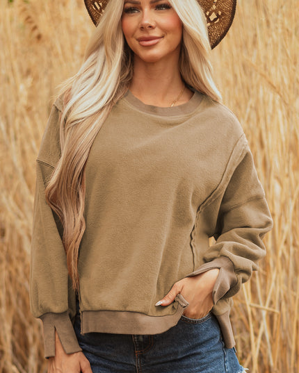 Dark Khaki Fuzzy Sherpa Splicing Pullover Sweatshirt with Side Slit