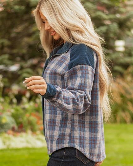 Gray Plaid Corduroy Patchwork Collared Zip Up Snap Button Jacket