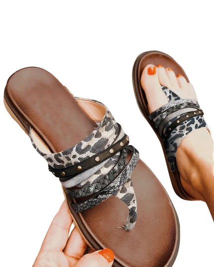 Leopard Studded Animal Print Flip Flop Sandals