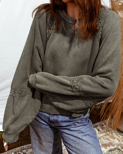 Sail Blue Lace Patchwork Detail Notched Neck Mineral Wash Baggy Sweatshirt