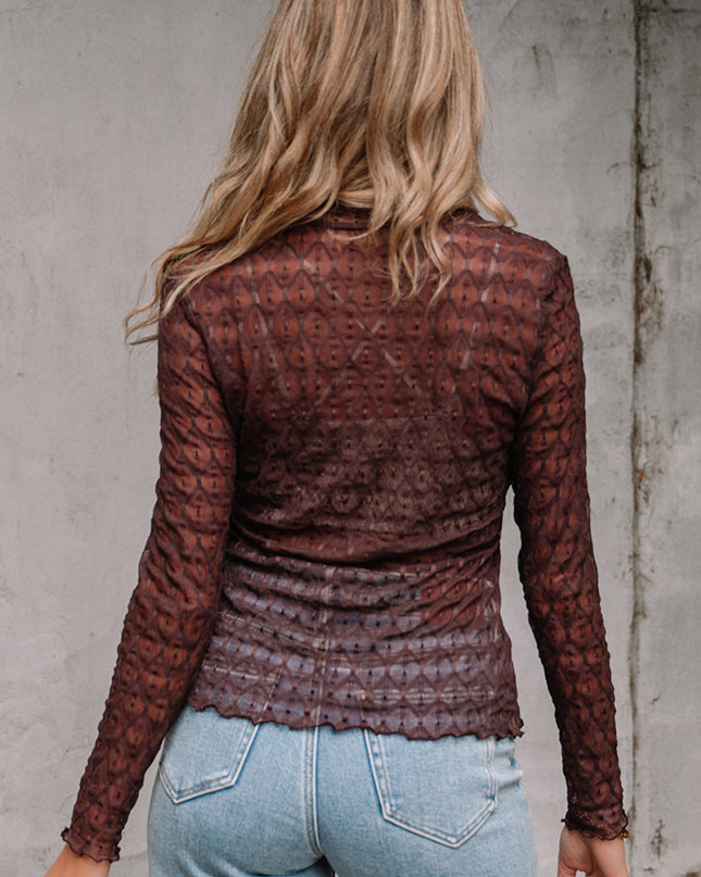 Coffee Sheer Mesh Patterned Lettuce Trim Slim Long Sleeve Top