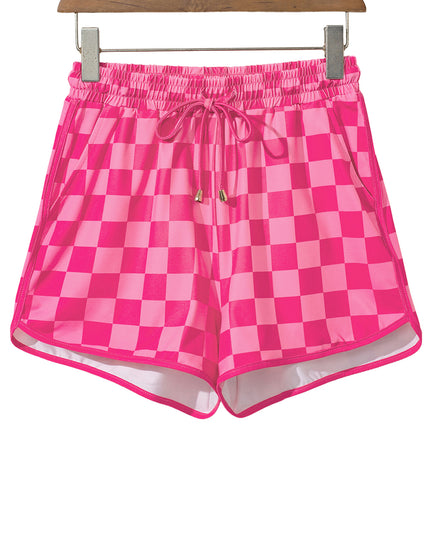 Black Checkered Drawstring Elastic Waist Casual Shorts
