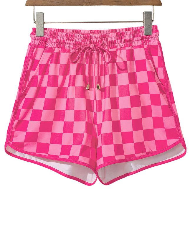 Black Checkered Drawstring Elastic Waist Casual Shorts