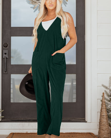 Evergreen Corduroy V Neck Patched Pocket Sleeveless Jumpsuit