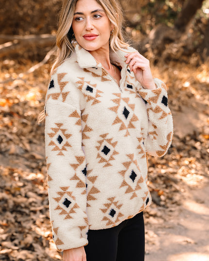 Khaki Aztec Print Sherpa Quarter Zip Collar Sweatshirt