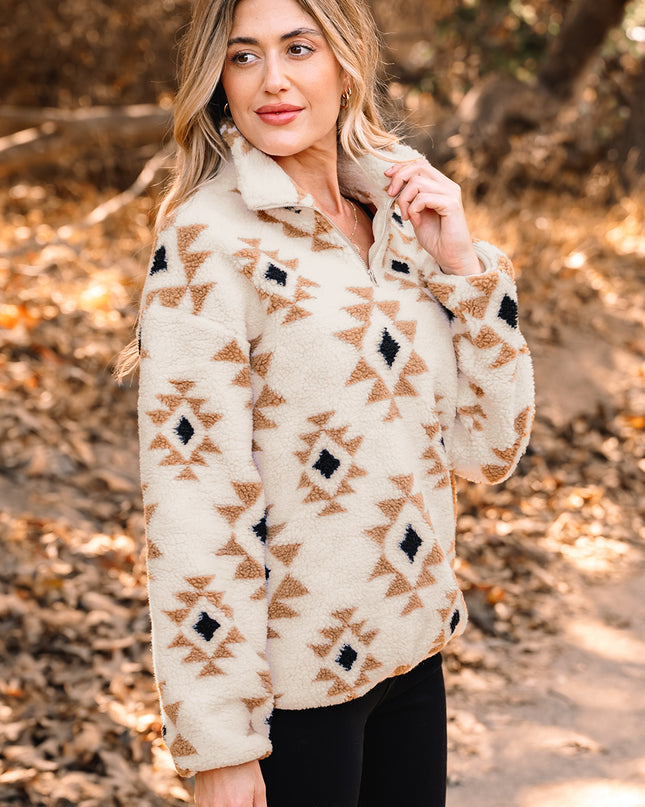 Khaki Aztec Print Sherpa Quarter Zip Collar Sweatshirt