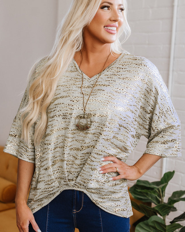 Gray Leopard Print Half Sleeve V Neck Loose Fit T Shirt