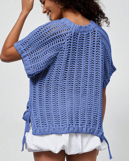 Pink Plus Size Open Knit Bow Tie Short Sleeve Sweater