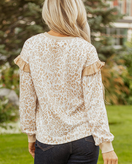 Khaki Leopard Ruffle Detail Ribbed Trim Round Neck Sweatshirt