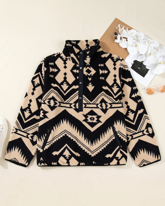 Black Plus Size Western Aztec Pattern Half Button Collared Plush Sweatshirt