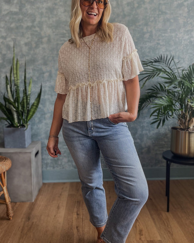 Beige Solid Color Textured Ruffled Short Sleeve Blouse
