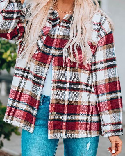 Fiery Red Geometric Plaid Print Pocketed Shacket