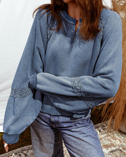 Sail Blue Lace Patchwork Detail Notched Neck Mineral Wash Baggy Sweatshirt