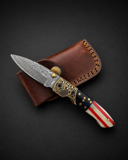 Premium Damascus Steel Folding Pocket Knife – Patriotic Edition with Leather Sheath TF-102