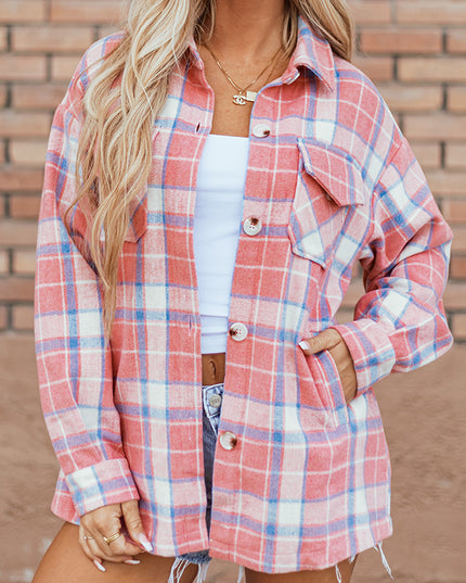 Pink Plaid Flap Pocket Button Up Shacket