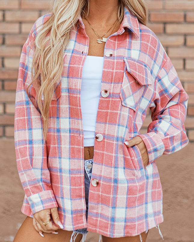 Pink Plaid Flap Pocket Button Up Shacket