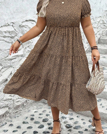 Brown Plus Size Leopard Print Frill Trim Short Sleeve Flared Dress