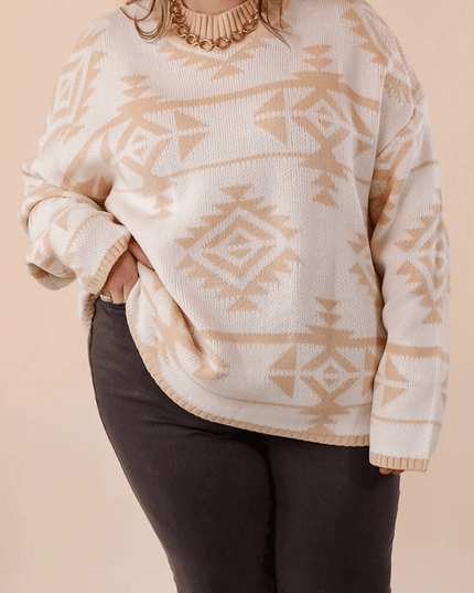 Apricot Plus Size Western Aztec Print Loose Sweater