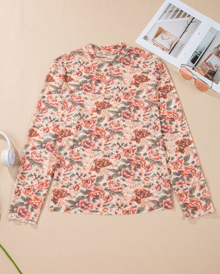 Pink Plus Size Floral Mock Neck Long Sleeve Slim Top