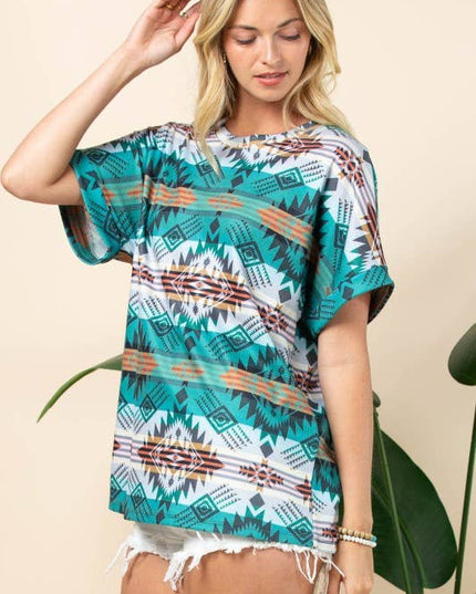 AT1291-MARTHA AZTEC PRINT FOLDED SLEEVE THERMAL TOP