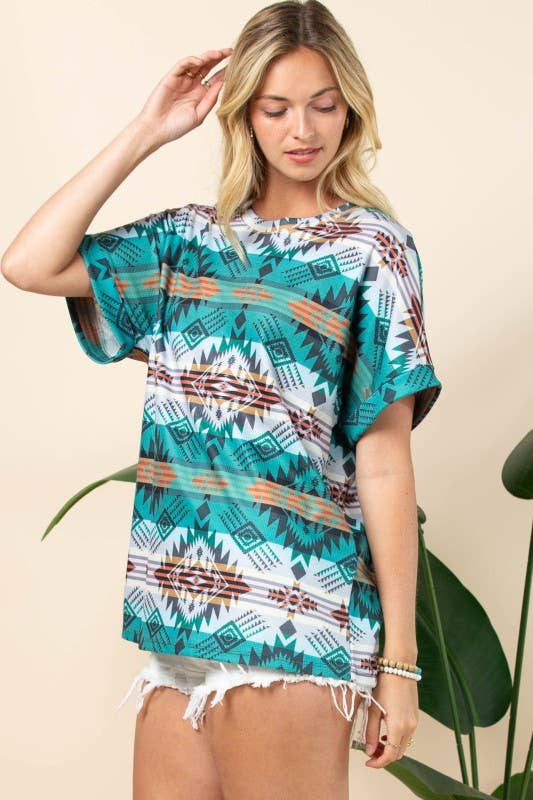 AT1291-MARTHA AZTEC PRINT FOLDED SLEEVE THERMAL TOP
