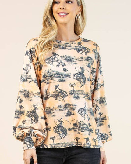 AV1171-JADEN WESTERN BUCKING HORSES PRINT SWEATSHIRT