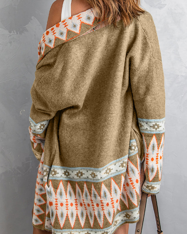 Khaki Aztec Print Open Front Knitted Cardigan