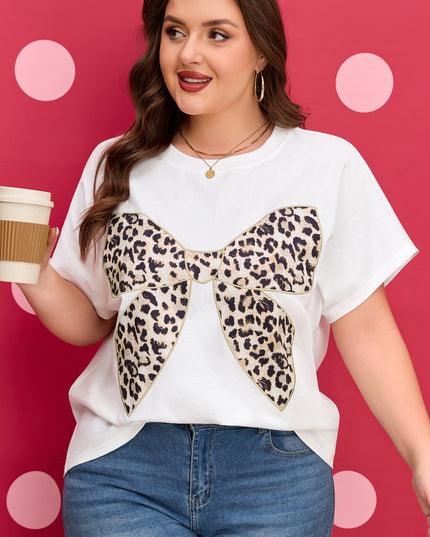 White Plus Size Leopard Bow Embroidered Patch Casual T Shirt