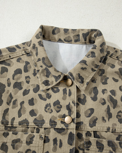 Khaki Retro Leopard Print Seam Detail Button Down Denim Jacket