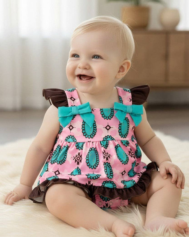 Aztec & concho printed on pink baby bodysuit. RPG60876 JEAN