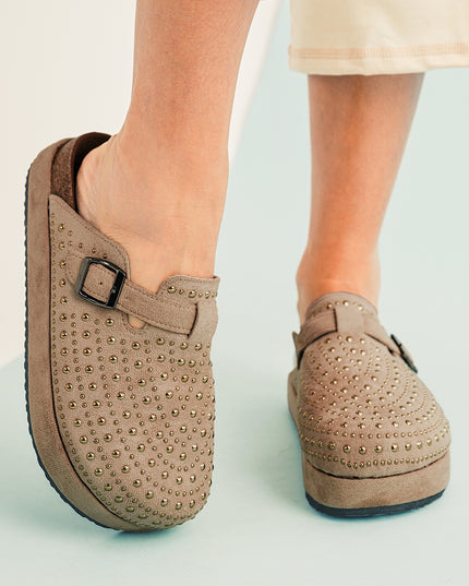 Parchment Rivet Buckle Closed Toe Platform Slippers