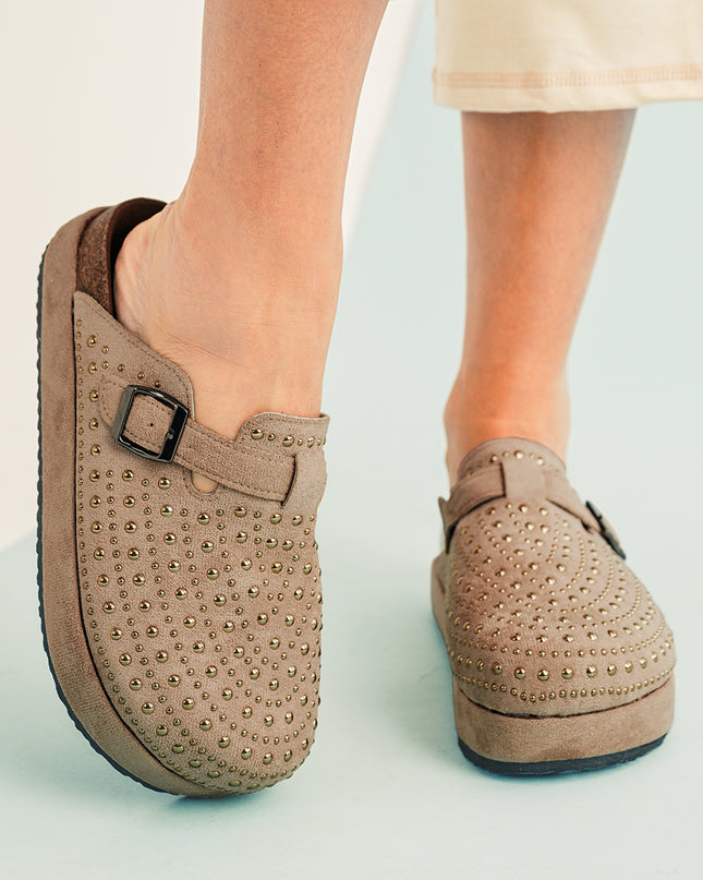 Parchment Rivet Buckle Closed Toe Platform Slippers