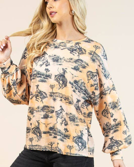 AV1171-JADEN WESTERN BUCKING HORSES PRINT SWEATSHIRT