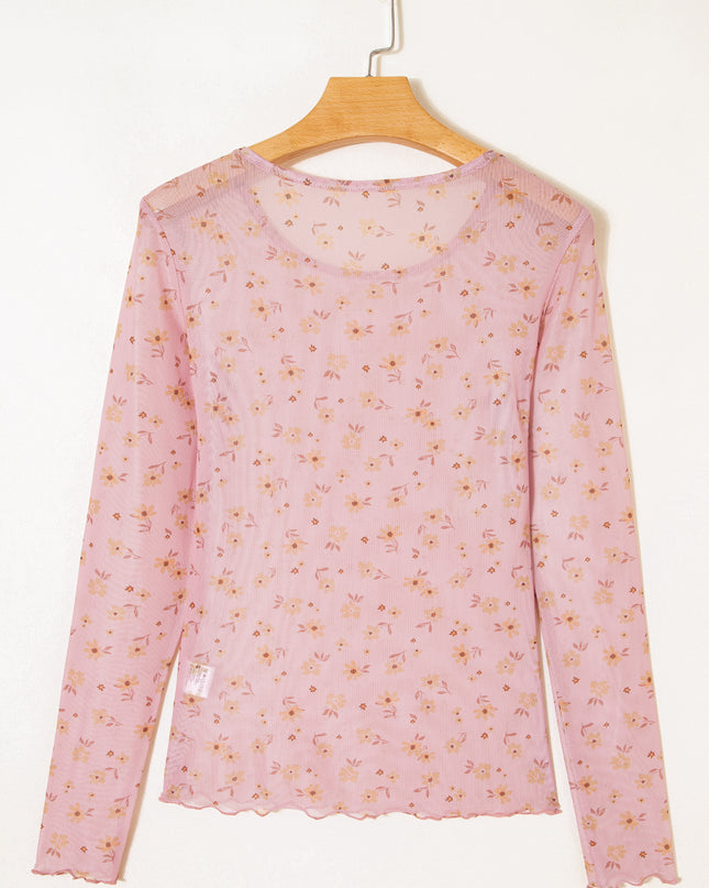 Pink Vintage Floral Print Southern Style Mesh Long Sleeve Top