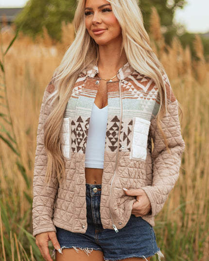 Light French Beige Aztec Quilted Patchwork Western Fashion Jacket