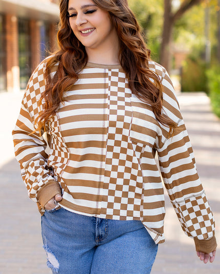 Khaki Striped Checkered Mixed Print Chest Pocket Casual Plus Size Top