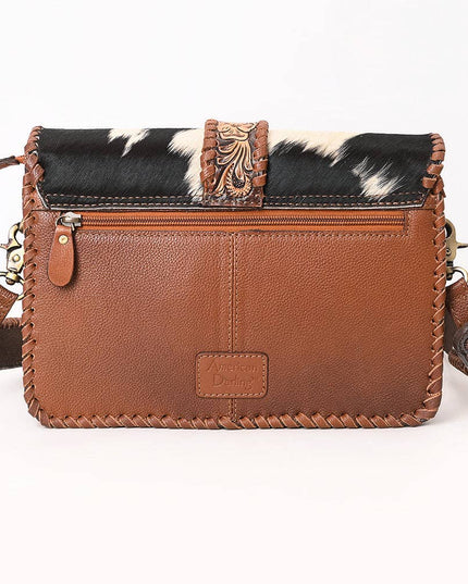 ADBGA635 Hair-On Cowhide Crossbody Bag with Tooled Leather Strap & Trim
