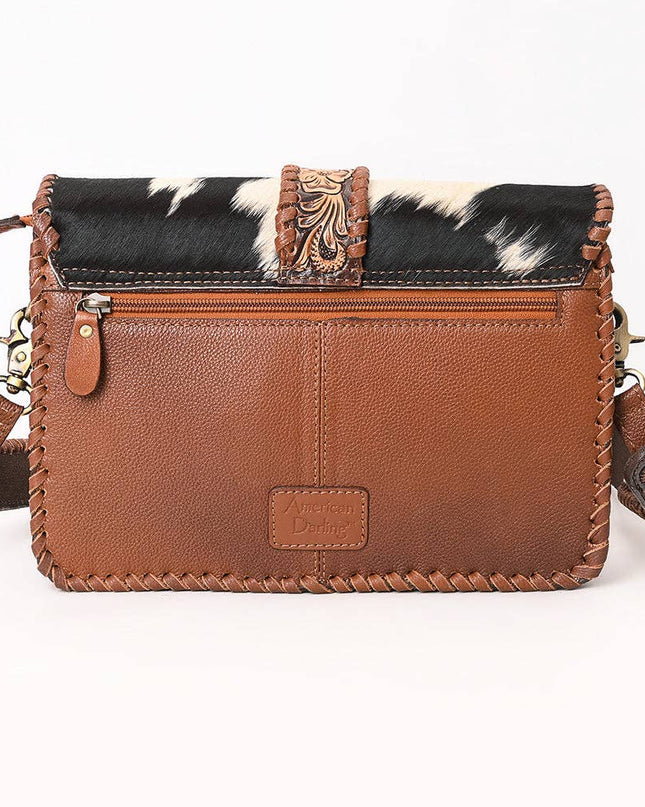 ADBGA635 Hair-On Cowhide Crossbody Bag with Tooled Leather Strap & Trim