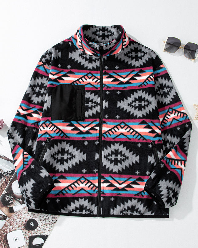 Black Aztec Printed Zip Up Collar Jacket