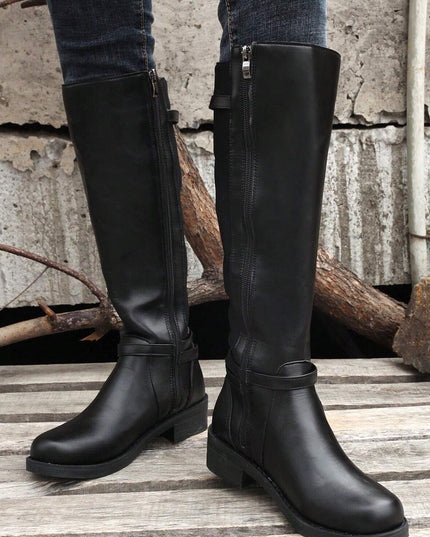 Black Side Zipper Knee High Chunky Low Heel Boots